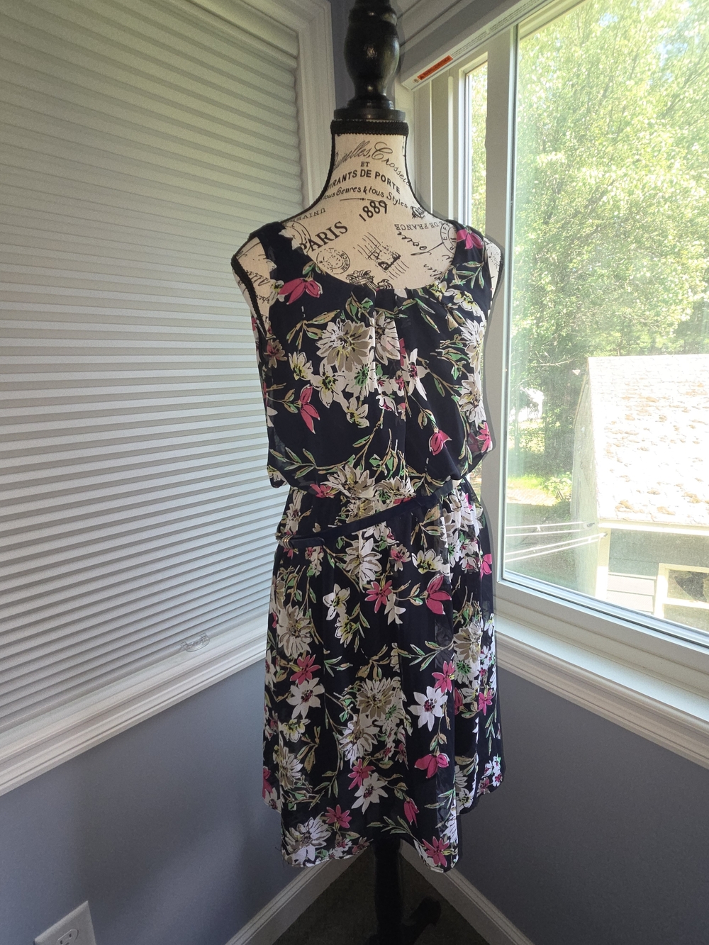 Sleeveless Black Floral A-Line Dress with Pink & Cream Blooms